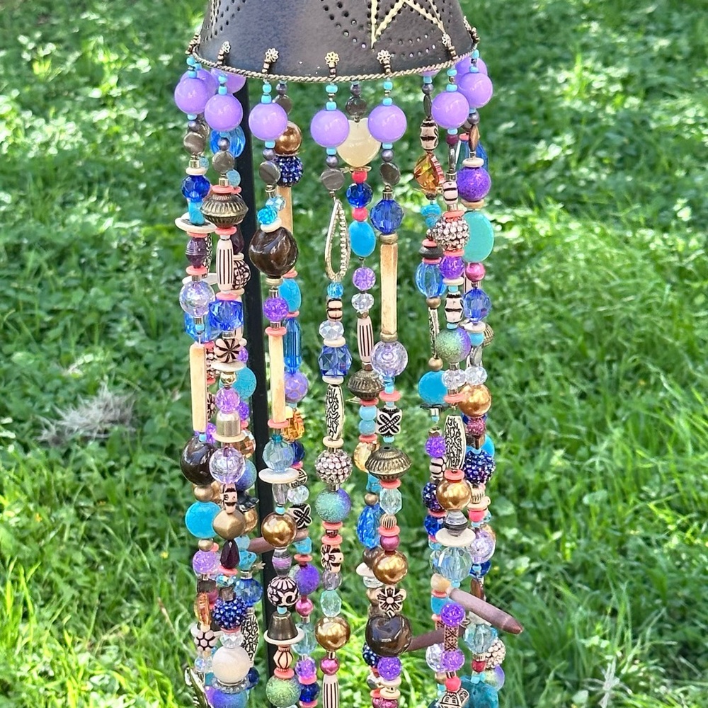 Bohemian Multi-Bead Tassel Necklace — Handmade Purple & Teal